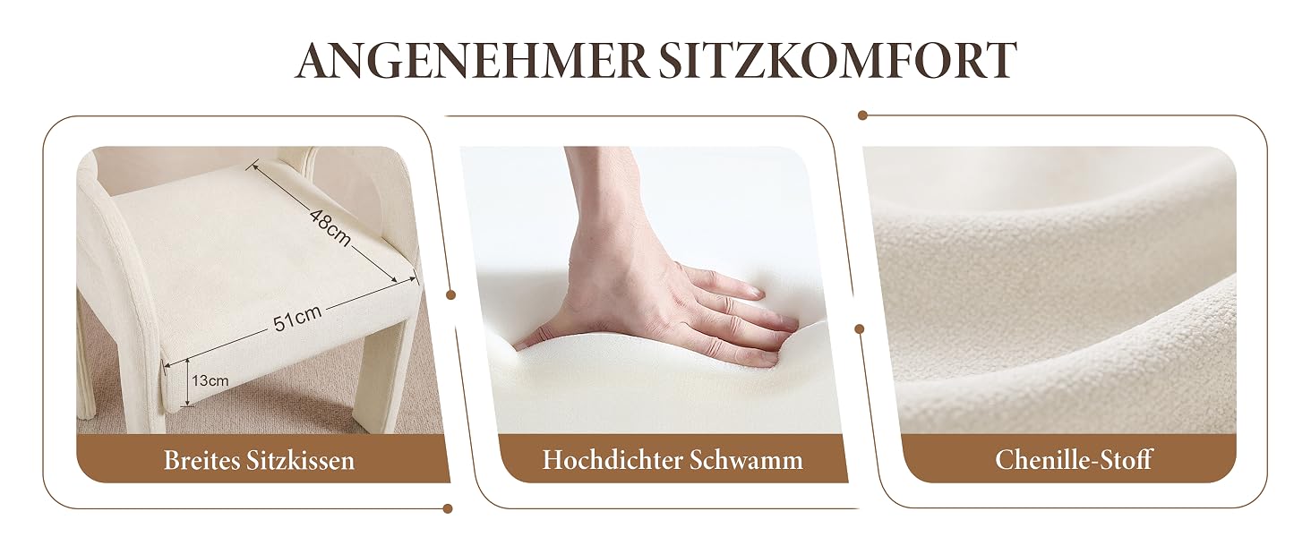 Der Text lautet „ANGENEHMER SITZKOMFORT“. Drei Paneele mit beigefarbenen, gepolsterten Oberflächen: gepolstertes Komfortmaterial, strukturierte Polsterung und glatte Sitzfläche.