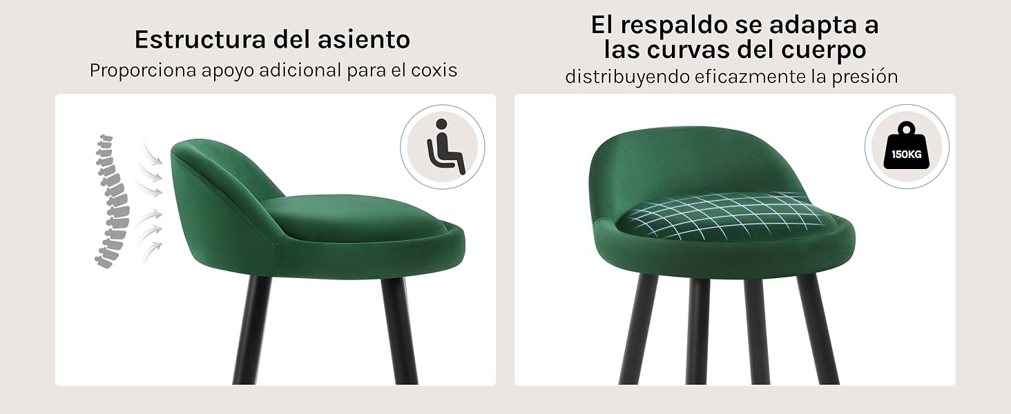tapizada verde con respaldo curvo y patas negras. La imagen dividida muestra la estructura interna y el diseño ergonómico, destacando las características de apoyo lumbar y distribución de la presión
