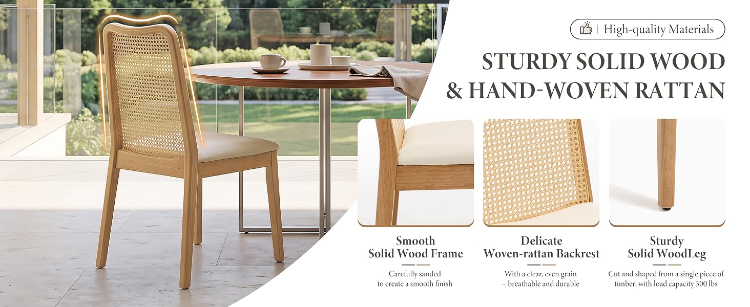 Text reads "STURDY SOLID WOOD &amp; HAND WOVEN RATTAN". Outdoor dining furniture set featuring wooden table with rattan-woven chairs in natural materials.