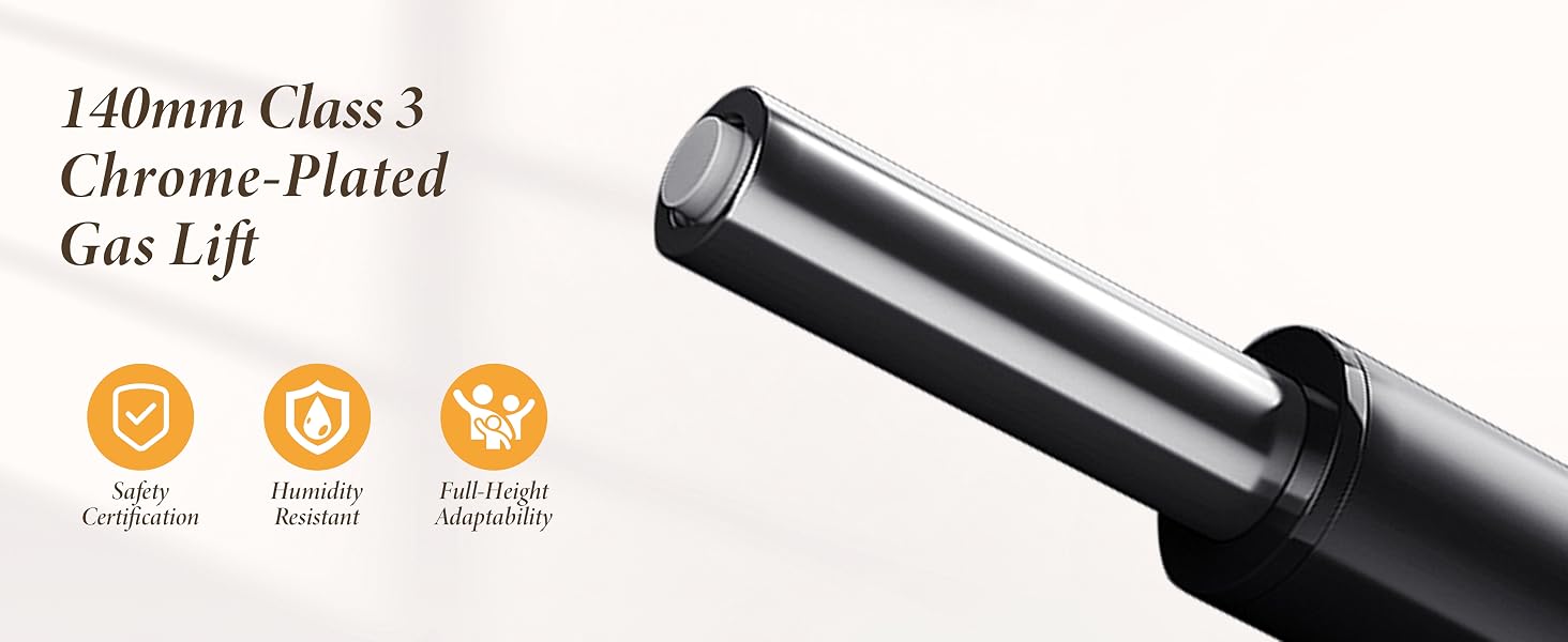 Text reads '140mm Class 5 Chrome-Plated Gas Lift' with three circular feature icons below. Black cylindrical gas lift mechanism shown in profile against beige background.