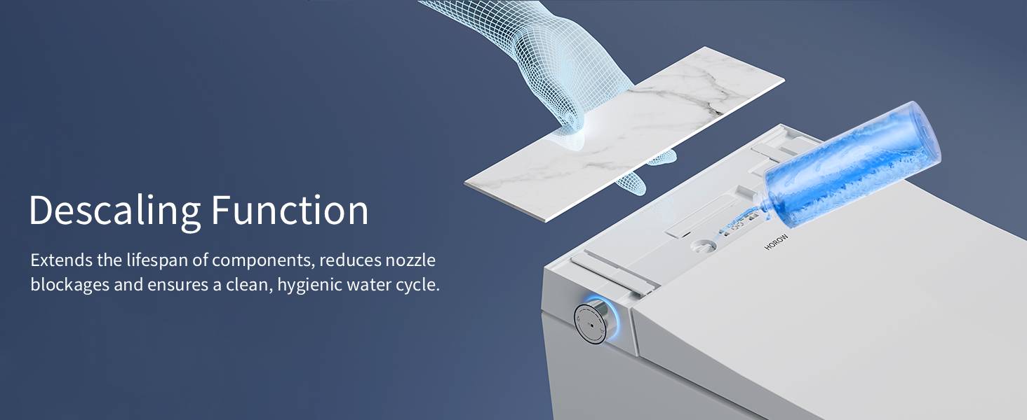 Text reads 'Descaling Function' and 'Formulas like Williams or Calcinizmax removes scale and extends a clean, hygiene water cycle.' White descaling tool with blue accent shown on dark background.