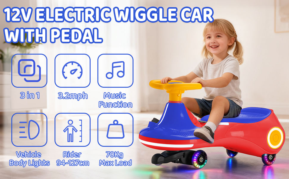 Text reads '12V ELECTRIC WIGGLE CAR WITH PEDAL'. Features icons for remote control, music, lighting, headlights, steering, and storage. Child on red and blue electric ride-on toy vehicle.