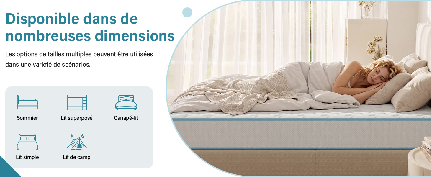 Le texte indique « Disponible dans de nombreuses dimensions ». L'image montre une personne dormant sur un matelas beige avec les options de dimensions du produit affichées ci-dessus.