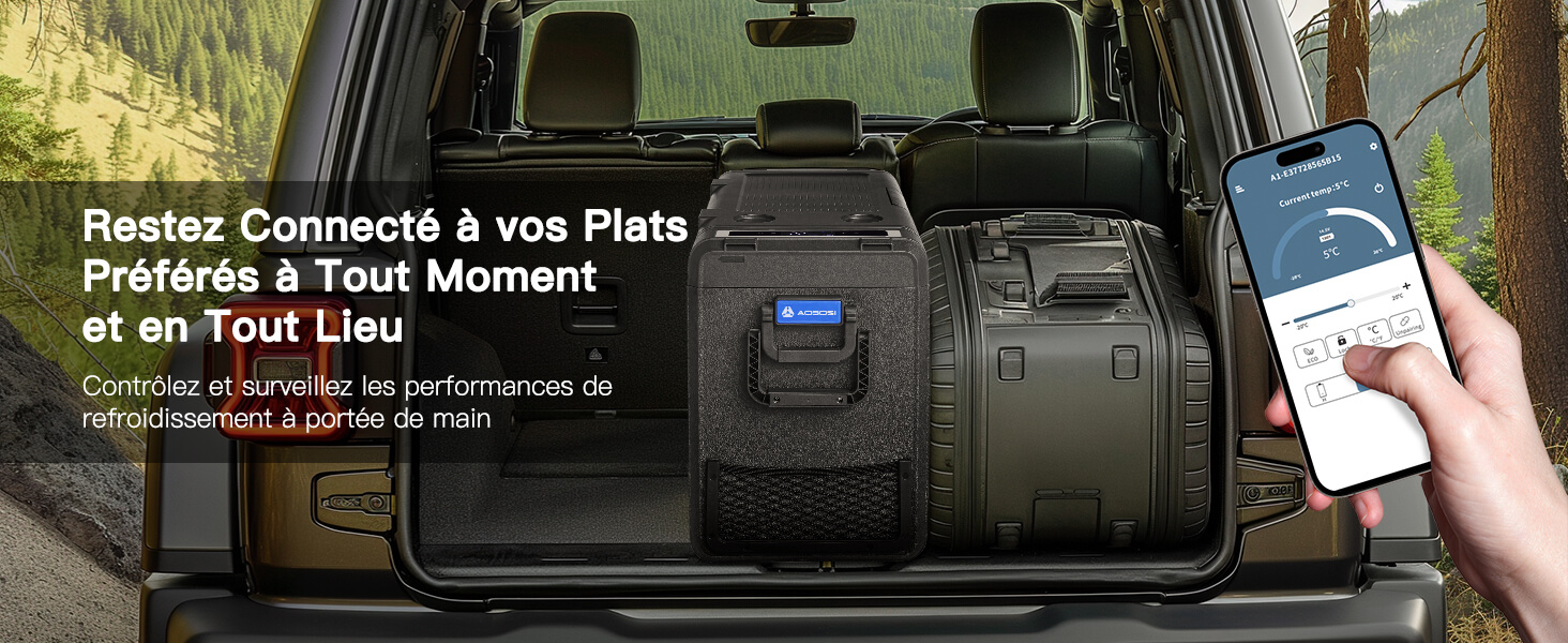Coffre de voiture ou zone de chargement avec tapis de protection foncé et smartphone affichant une interface d'application connectée.