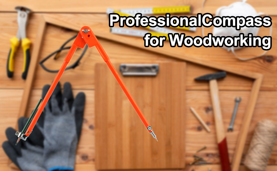 Compas professionnel pour le travail du bois orange vif montré ouvert sur fond en bois avec divers outils d'atelier visibles