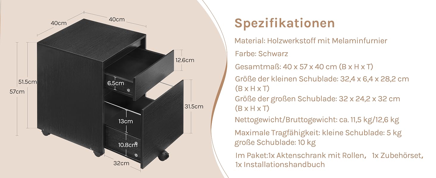 Rollcontainer, Aktenschrank mit 2 Schubladen, mobiler Büroschrank, Schreibtisch Unterschrank