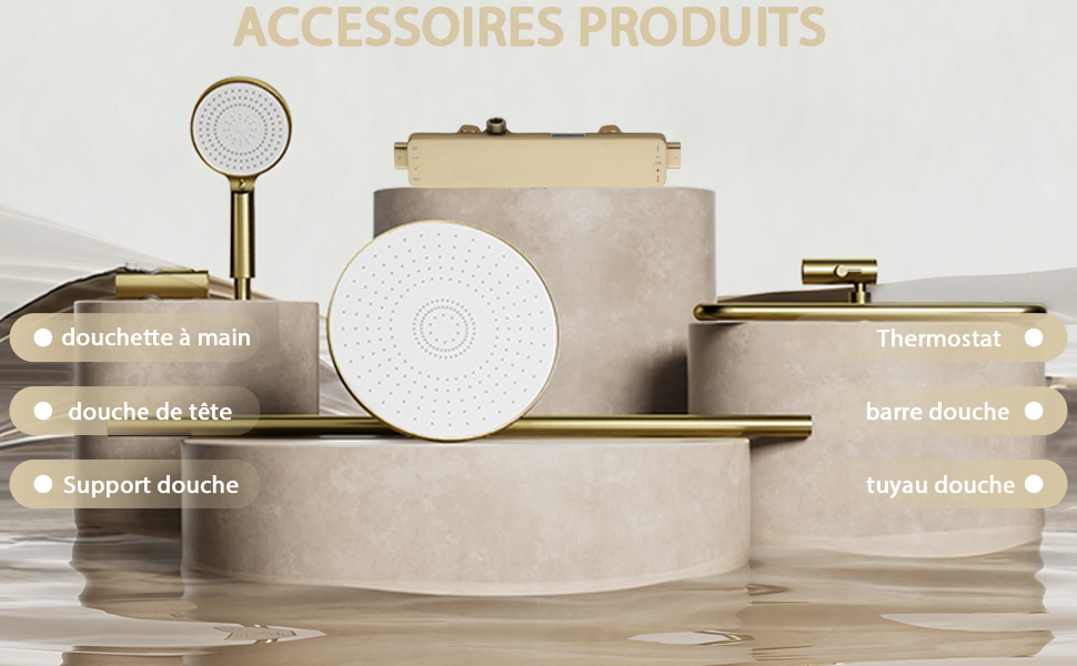 Le texte indique « ACCESSOIRES-PRODUITS ». Série de photos de produits montrant des accessoires décoratifs blancs et dorés sur une surface neutre.