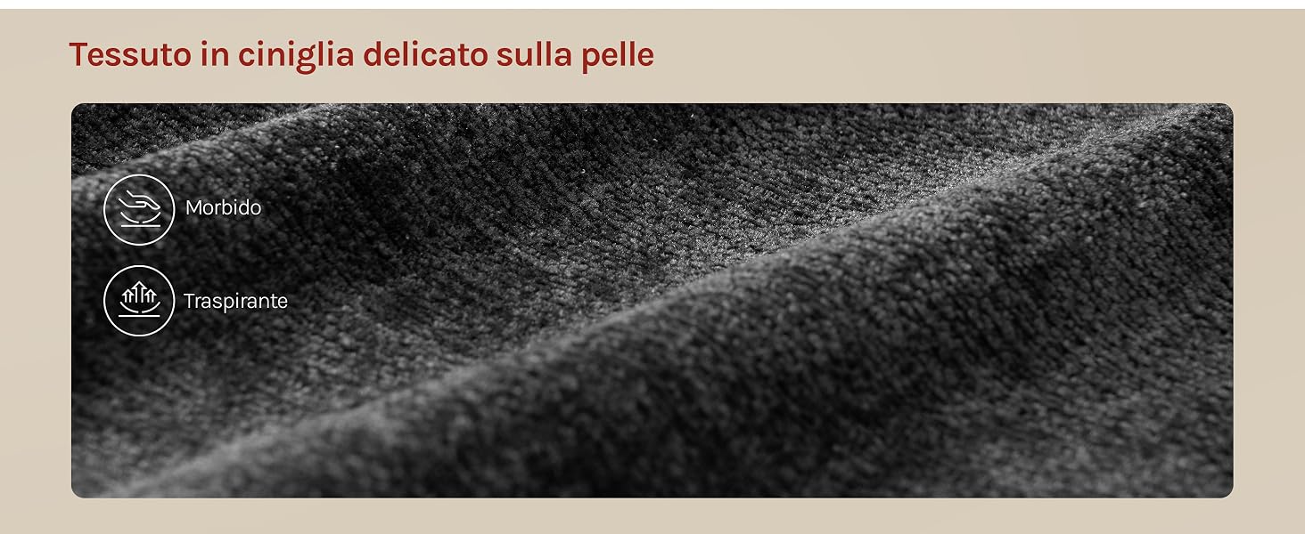 Il testo recita 'Tessuto in singola delicata tulla patte'. Primo piano di tessuto nero testurizzato con motivo a trama diagonale, che mostra la trama dettagliata della superficie e la composizione del materiale.