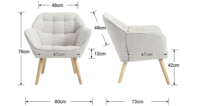 Light gray armchair with tufted backrest and wooden legs. Diagram shows dimensions: 80cm wide, 79cm tall, 73cm deep, with seat height of 42cm and width of 47cm.