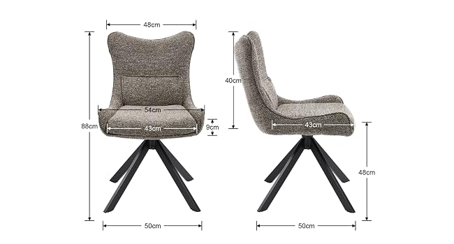 Technical diagram showing front and side views of a modern accent chair with measurements, featuring grey upholstery and black metal star-shaped base.