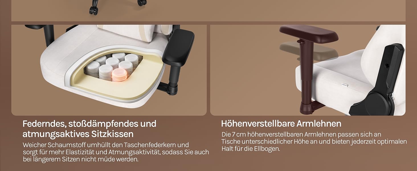 Zwei Produktbilder zeigen weiße und schwarze ergonomische Büromöbel. Das linke Bild zeigt einen weißen, gebogenen Stuhl oder Sitz mit den zugehörigen technischen Daten. Das rechte Bild zeigt einen schwarzen Stuhl mit beschreibendem Text unten.