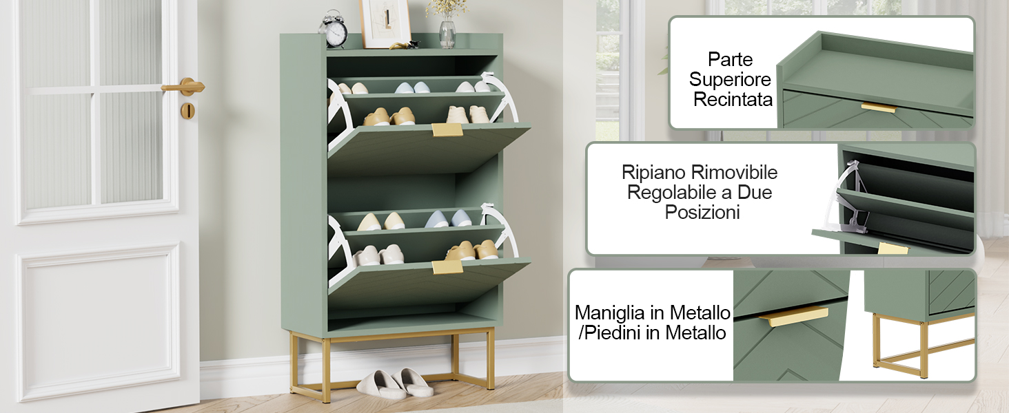 Il testo recita «Pads &amp; Drawer Recessed», «Vassoio antigoccia rimovibile Ripcord (2)», «Durable in Metals &amp; Woods in Models». Le immagini mostrano uno scaffale aperto con più scomparti per riporre tessuti e capi di abbigliamento piegati.