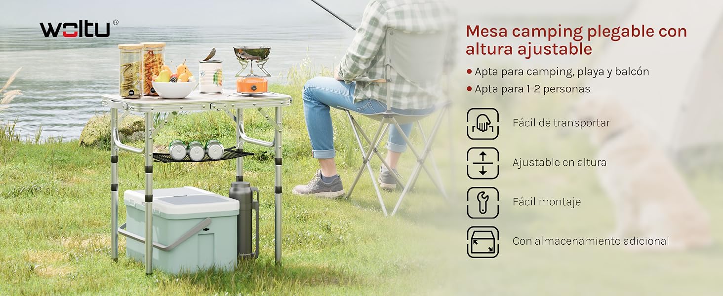 El texto dice: «weibu». Escena de pícnic al aire libre con muebles plegables portátiles y espacio para acampar sobre césped cerca del agua, con iconos de especificaciones técnicas.