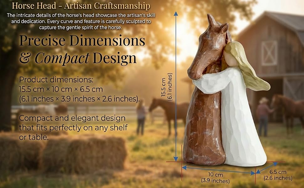 Text reads 'Horse Head - African Crematorium', 'Precise Dimensions'. Decorative horse-themed memorial urn or statue shown in various angles with measurement specifications.