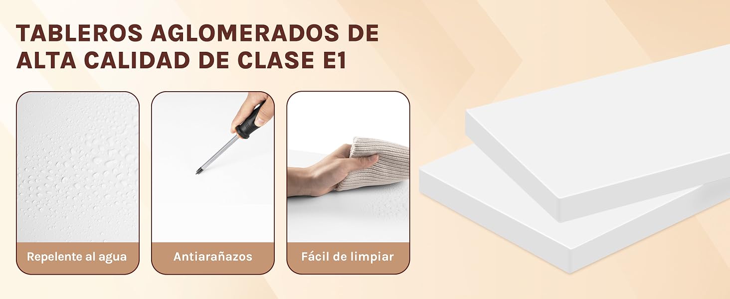 Diagrama instructivo que muestra los pasos de instalación de tableros aglomerados de alta calidad, con el texto en español «Tableros Aglomerados de Alta Calidad» y tres paneles de