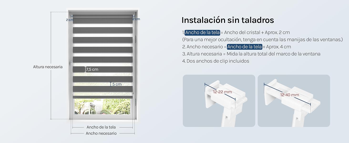 El texto dice: «Instalación sin taladros». Persiana enrollable gris y blanca montada en una ventana con instrucciones de instalación que muestran dos opciones de montaje con soporte, lo que demuestra el método de instalación sin herramientas.