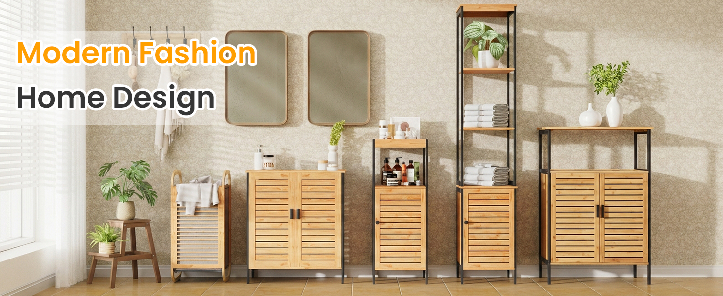 Text reads: 'Modern Fashion' and 'Home Design'. Bedroom interior showcase featuring wooden furniture set including dressers, nightstands, and storage units with slatted doors and drawer compartments against beige wall.