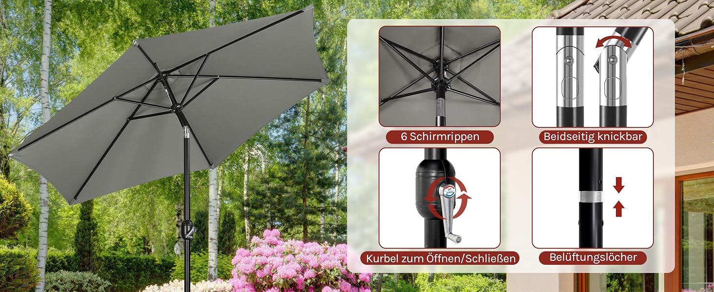 Bilderserie, die einen grauen Sonnenschirm in verschiedenen Positionen und Einstellungen zeigt und dessen Einstellbarkeit und Kippfunktion vor dem Hintergrund im Freien demonstriert.