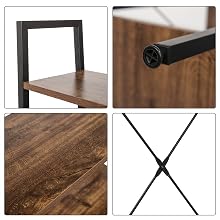 Imagen de cuatro paneles de una estantería o mesa. Muestra el marco de metal negro, la textura de la superficie de madera, la junta de las esquinas y la estructura de soporte en forma de X.