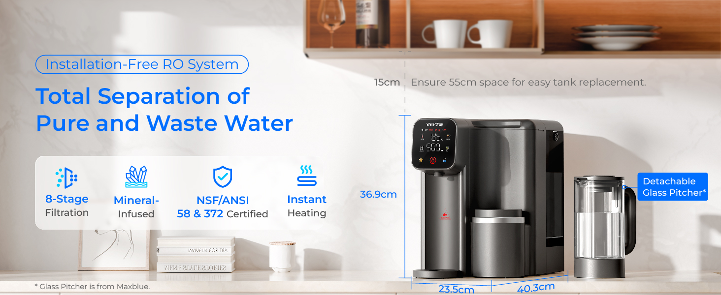 Le texte indique « Séparation totale de l'eau pure et de l'eau usée » avec les icônes ci-dessous. Comparaison de produits montrant plusieurs distributeurs d'eau et unités de filtration en acier inoxydable avec des étiquettes d'information bleues indiquant les caractéristiques de séparation et de purification de l'eau.
