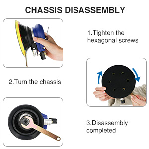 Instructions de démontage du châssis en trois étapes : serrage des vis hexagonales, rotation du châssis et fin du démontage. Illustré avec des images de produits.