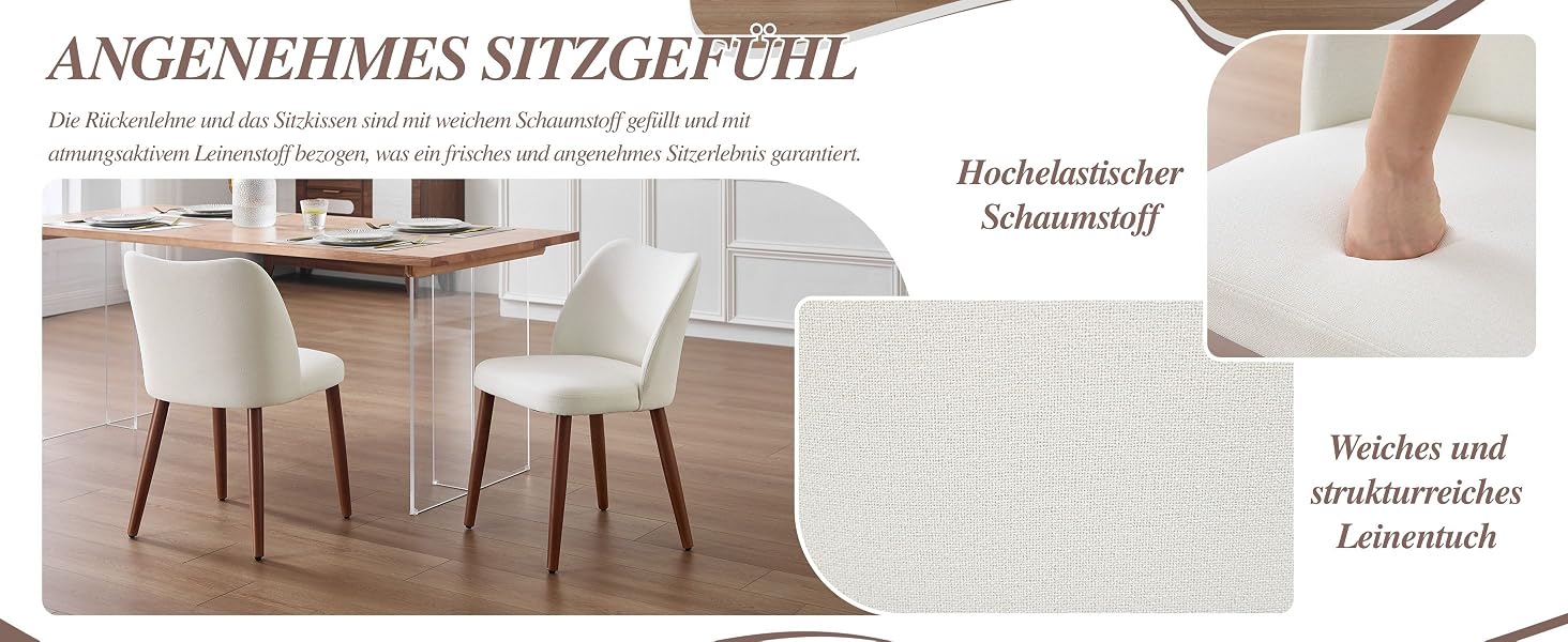 Der Text lautet 'ANGENEHMES SITZGEFÜHL'. Bilderserie, die moderne Esszimmermöbel wie Stühle und Tische in einem hellen, minimalistischen Stil zeigt.