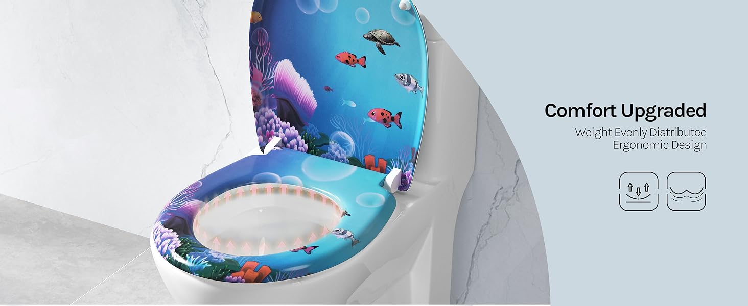 Text reads 'Comfort Upgraded'. Series of images showing a blue toilet seat with decorative fish pattern design in various angles.