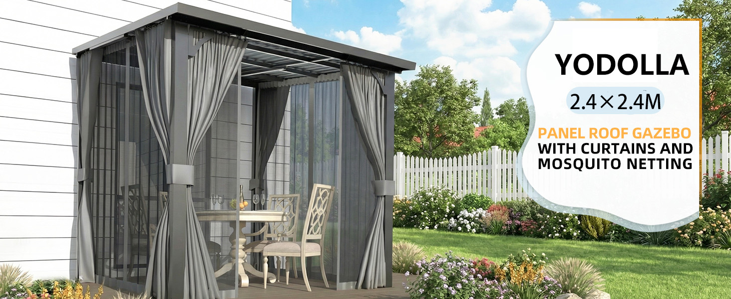 Text reads 'Image 4' and 'YODOLLA 2.4 x 2.4M'. Outdoor gazebo structure with gray mesh curtains and metal frame visible against sky background.