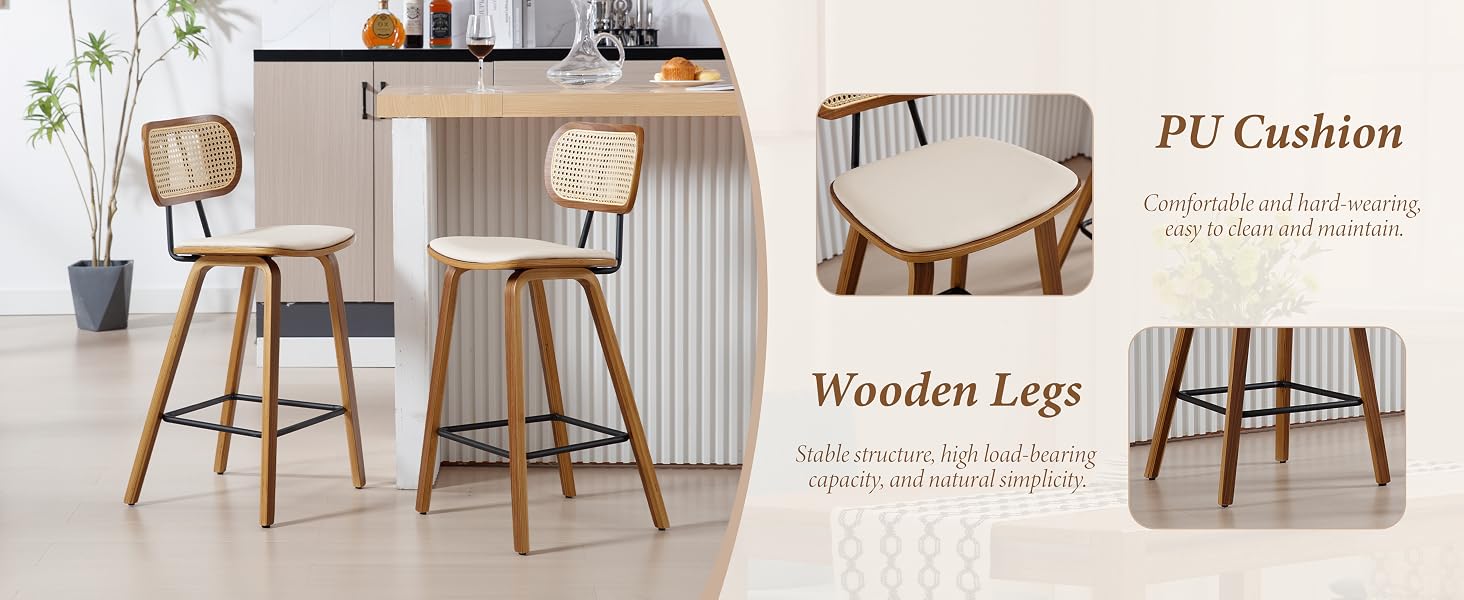 Modern bar stools with woven rattan backs, wooden legs, and cream PU cushions. Features highlighted include comfortable seating and sturdy construction. Shown in a kitchen setting with countertop.