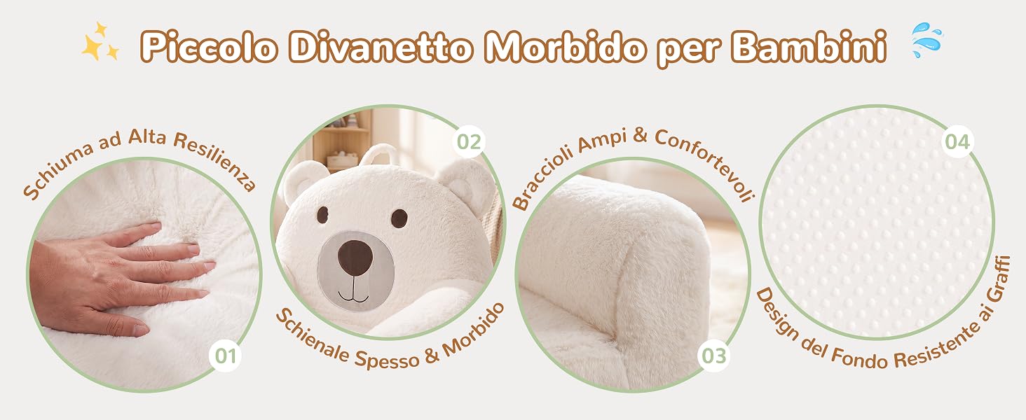 Il testo recita «Piccole Piume: Soft Materials per Bambini» con elementi decorativi. Quattro campioni circolari che mostrano i materiali: tessuto testurizzato, peluche bianco, materiale in cotone, tessuto a rete con descrizioni in tedesco.