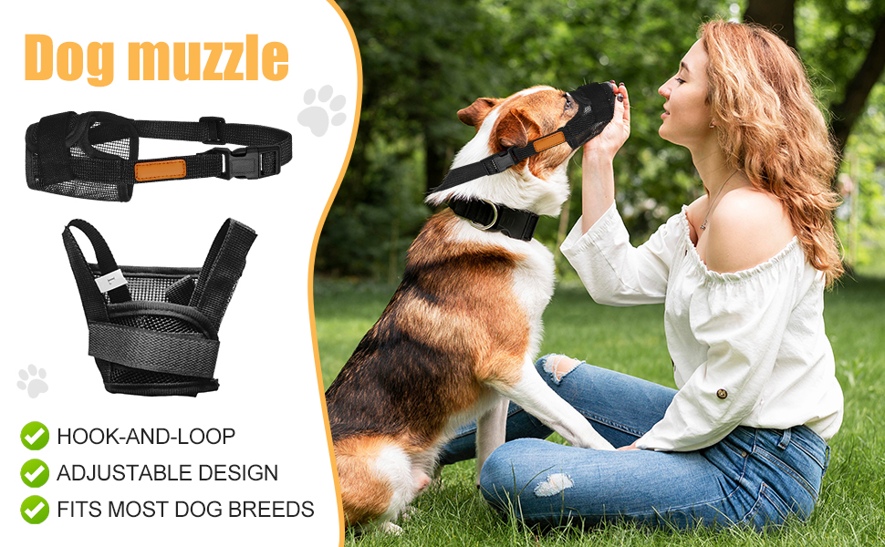 Text reads 'Image 4' and 'Dog muzzle', 'ADJUSTABLE DESIGN', 'FITS MOST DOG BREEDS'. Multiple images showing a black dog muzzle product and its application on dogs.