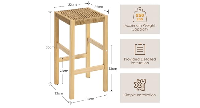 Produktdiagramm mit den Abmessungen des Holzhockers oder Tisches: 85 cm Höhe, 33 cm Breite/Tiefe. Die Symbole weisen auf die maximale Tragfähigkeit und die einfachen Installationsmerkmale hin.