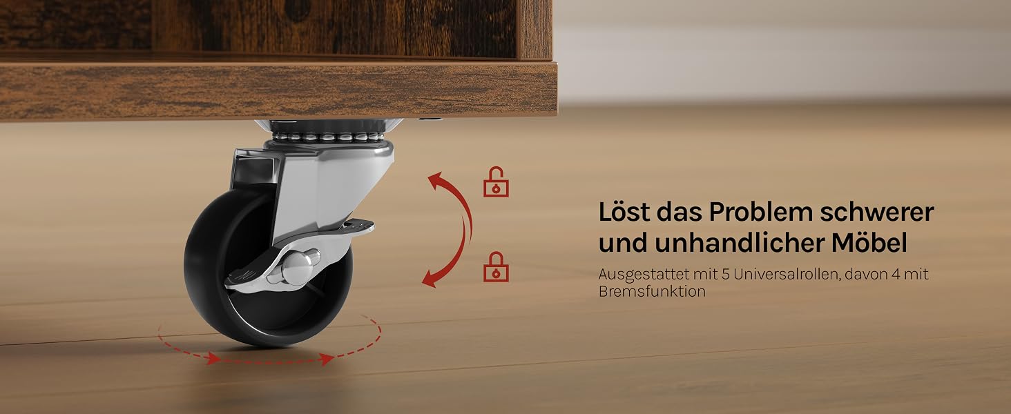Der Text lautet „Lad des Wohnklabers erforschen und unendlicher Möbel“. Lenkrad aus Metall mit schwarzem Gummireifen, montiert auf einer braunen Holzmöbeloberfläche mit beschrifteten Markierungen.