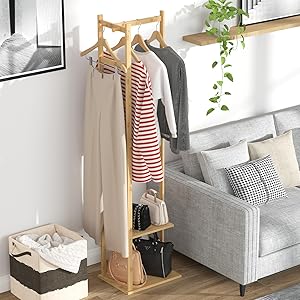 Appendiabiti da Terra in bambu, Appendiabiti con Ripiani Due Stand Appendiabiti Ingresso Attaccapann