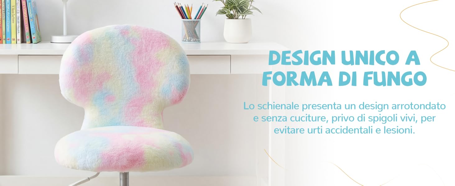 Il testo recita «DESIGN UNICO A FORMA DI FUNGO». Sedia a forma di fungo color arcobaleno pastello in ambiente home office con libri e vaso.