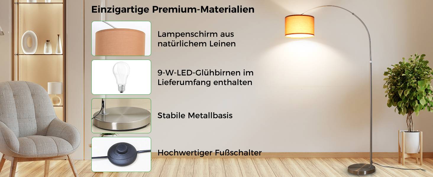 Der Text lautet „Bild 5“. Innenausstattung mit LED-Beleuchtung und auf dem Display sichtbarem Text „Einzigartige Premium-Materialien“ in deutscher Sprache.