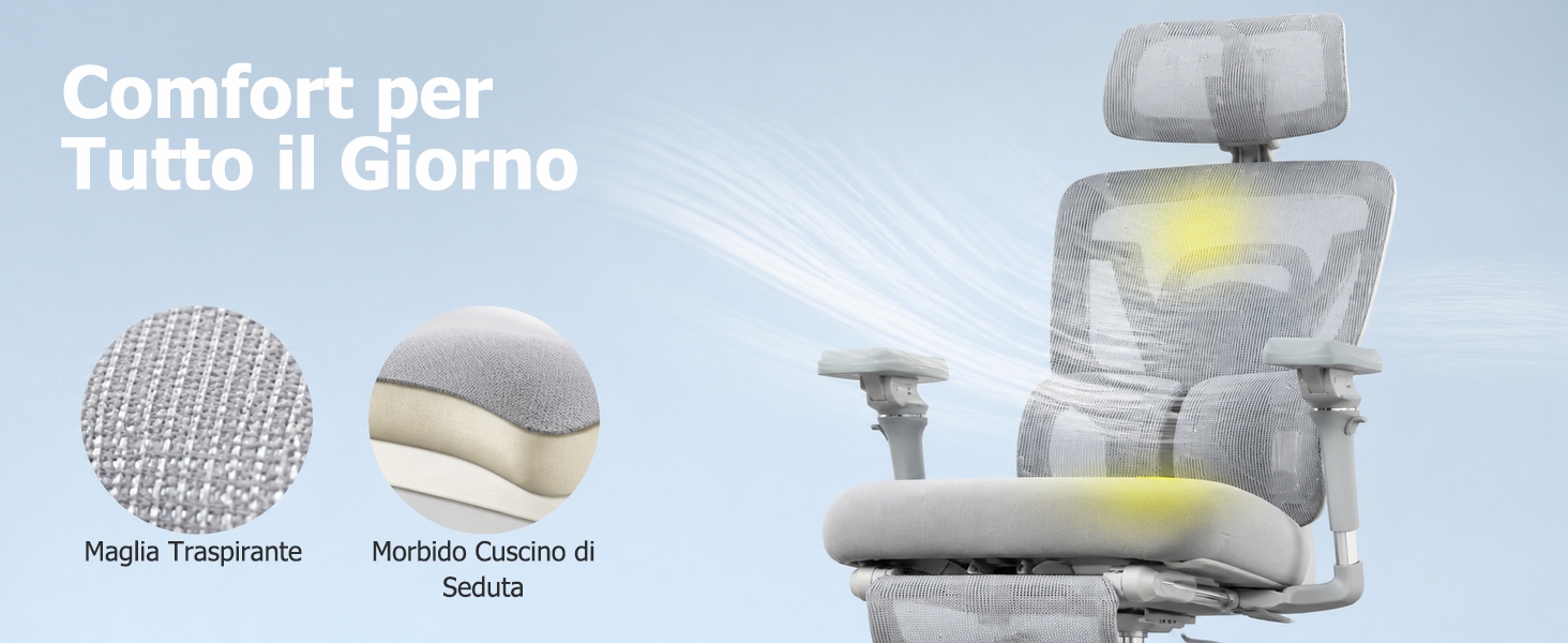 Il testo recita «Comfort per Tutto il giorno». Sedia da ufficio ergonomica mostrata con dettagli in tessuto, cuscino per il collo, cuscino di supporto lombare e poggiatesta su sfondo blu.