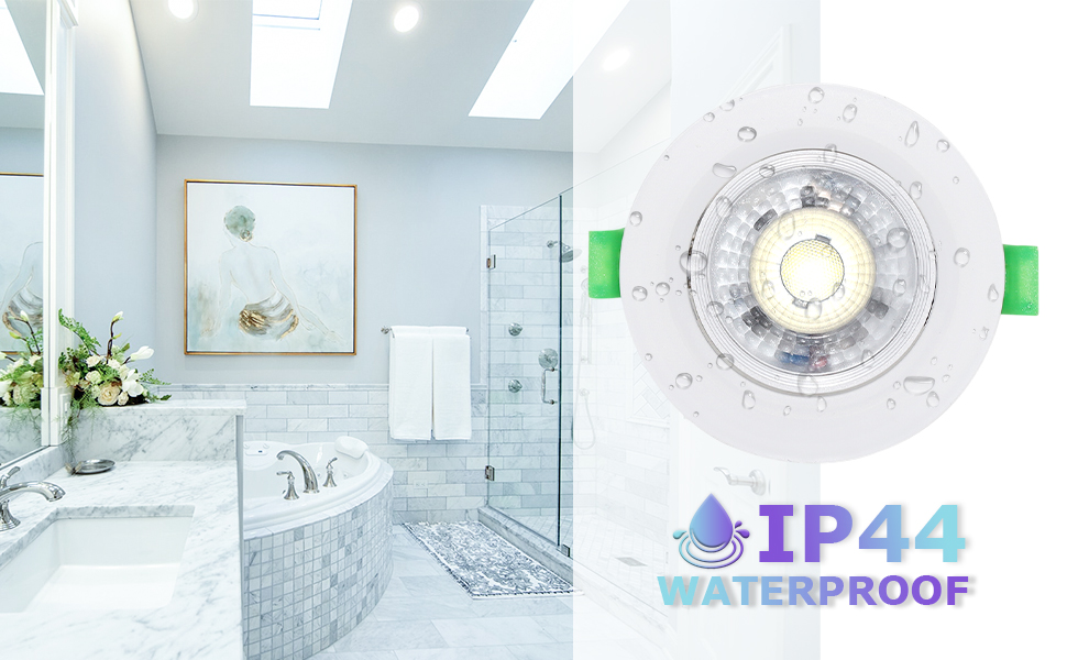 Split image showing a luxury bathroom interior with marble features and a closeup of an IP44 waterproof rated circular light fixture with green clips.