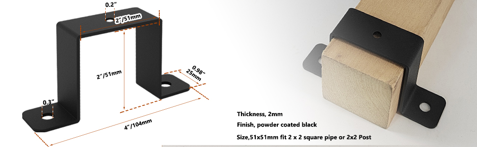 Black metal wall mount bracket with measurements shown. Features two L-shaped supports with mounting holes, designed for flat surface installation.