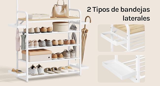 El texto dice «2 tipos de bandejas laterales». El estante de almacenamiento blanco de varios niveles con compartimentos de plástico transparente y los accesorios organizadores colgantes se muestran por separado.