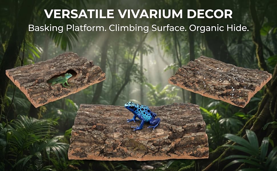 Text reads 'VERSATILE VIVARIUM DECOR Basking Platform, Climbing Surface, Organic Hide.' Composite image showing bark-textured brown climbing platform with blue reptile interacting on natural foliage background.