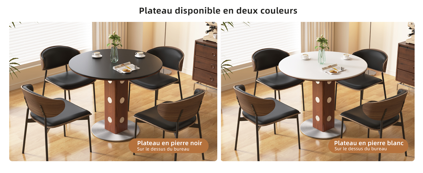 Plusieurs vues de chaises de salle à manger noires modernes disposées autour de tables dans ce qui semble être un restaurant ou une salle à manger.