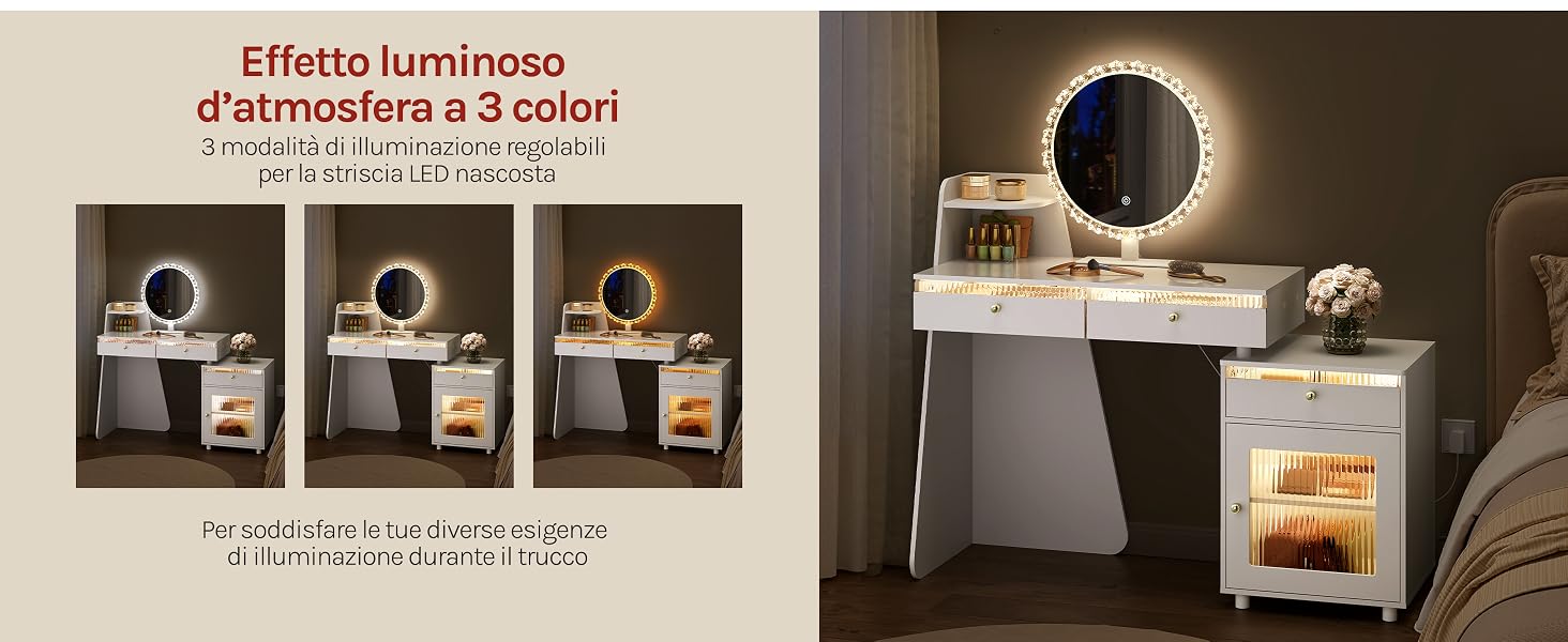Il testo recita «Effetto luminoso d'atmosfera a 3 colori». Tre specchi/lampadari illuminati mostrati in toni caldi. Ambiente buio del bagno con effetti di luce ambientale visualizzati.