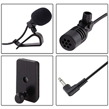 Four-panel image showing audio accessories: lavalier microphone, mounting clip, wireless receiver unit, and audio connection cable.