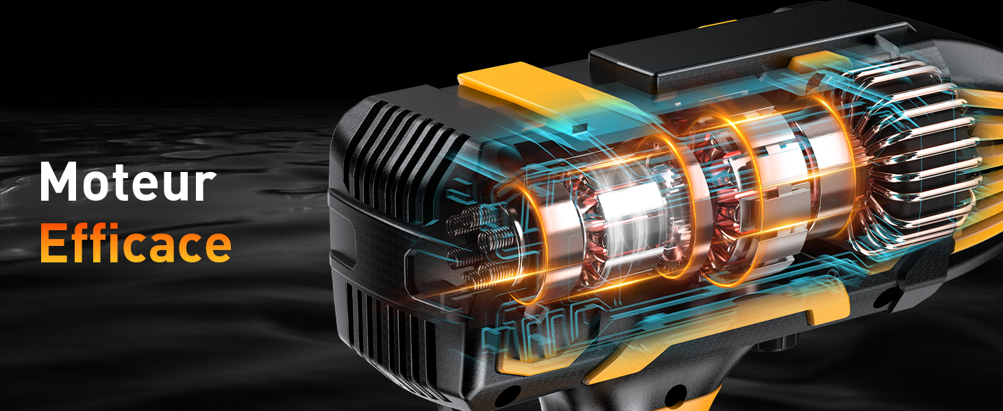 Illustration découpée d'un moteur d'outil électrique, mettant en valeur les composants internes avec des reflets colorés. Texte « Moteur Efficace » (Efficient Motor