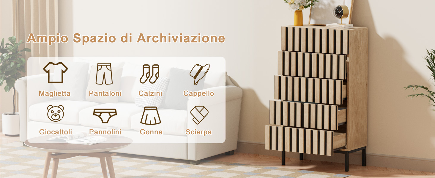 Il testo dice «nipo Spazio di Archiviazione» con la griglia delle icone di archiviazione mostrata. Alta torre di stoccaggio a doghe in legno accanto a un contenitore bianco con icone organizzative. Sistema di organizzazione dei mobili per la conservazione della casa.