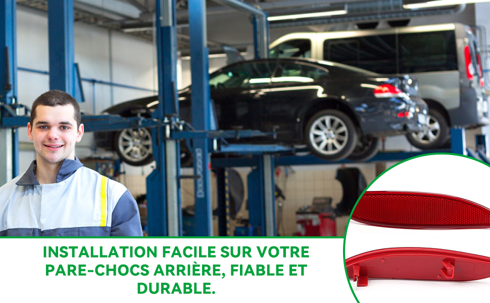 Le texte se lit comme suit : « INSTALLATION FACILE SUR VOTRE PARE-CHOCS, PARE-BRISE, PARLE ET DURABLE ». Intérieur d'un atelier de réparation automobile montrant un véhicule sur un ascenseur.