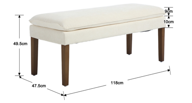 Gepolsterte Bank mit den angegebenen Maßen: 119 cm Länge, 47,5 cm Tiefe, 49,5 cm Höhe, mit 10 cm Kissenstärke. Cremefarbener Stoff mit Holzbeinen.