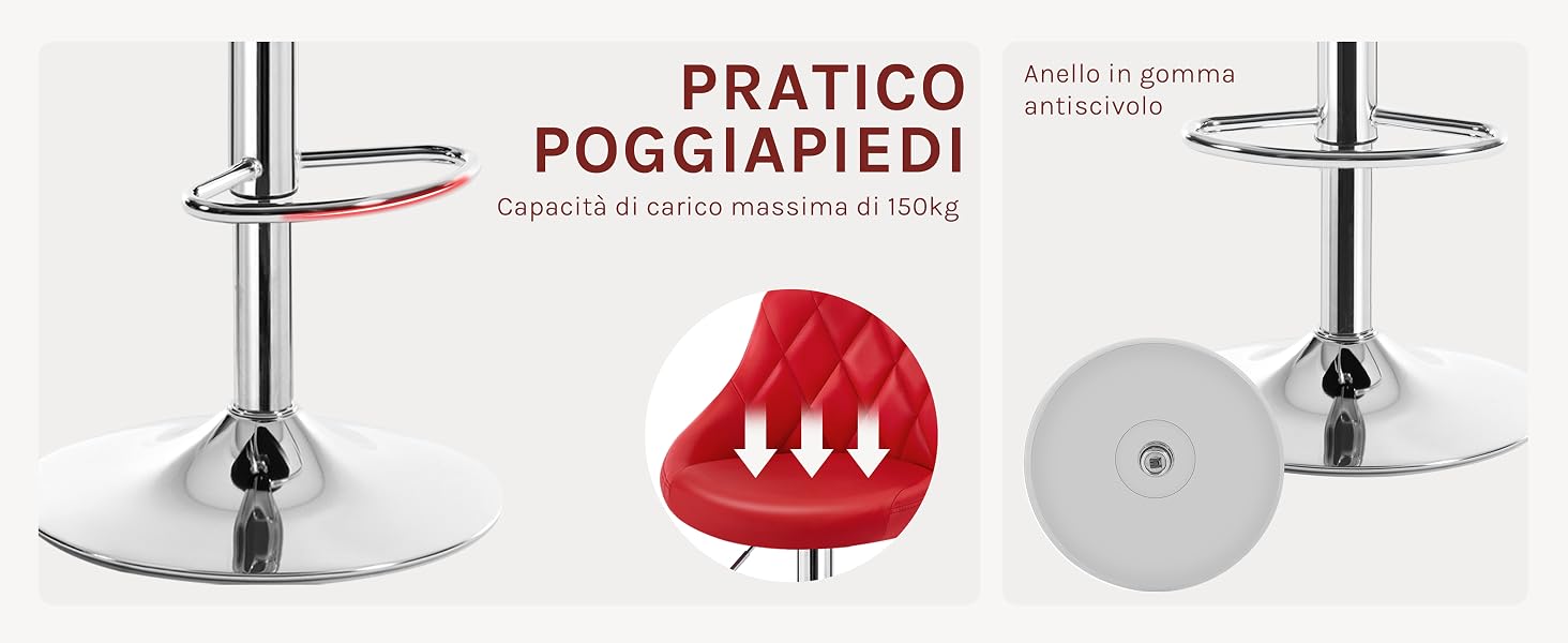 Base dello sgabello da bar cromata con poggiapiedi circolare e seduta rossa. Il diagramma mostra le frecce verso il basso che indicano il meccanismo di regolazione dell'altezza. Prodotto etichettato come