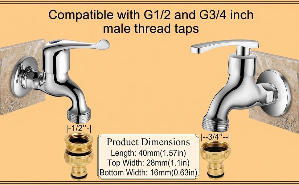 Text reads: 'Compatible with G1/2 and G3/4 inch male thread taps' and 'Product Dimensions: Length: 40cm(15in), Top Width: 25mm(1.1in), Bottom Width: 16mm(0.6in)'. Chrome faucet tap extenders with threaded connections shown from front view.